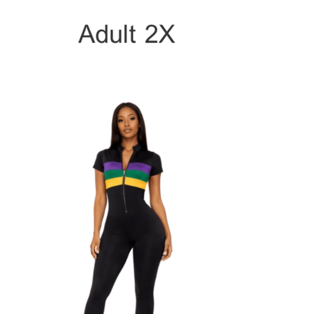 Black Jumpsuit with Purple and Yellow Stripes